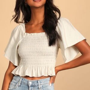 Lulus Your Shineshine Beige Smocked Flutter Sleeve Top